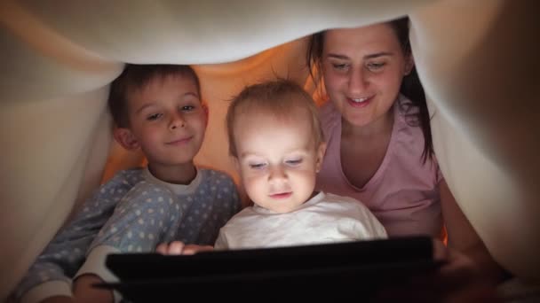 Portrait Happy Family Playing Tablet Computer Tent Made Bedsheets Blankets — Stock Video