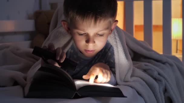 Yatağında Fenerle Yatan Masal Kitabı Okuyan Bir Çocuğun Portresi Çocuk — Stok video