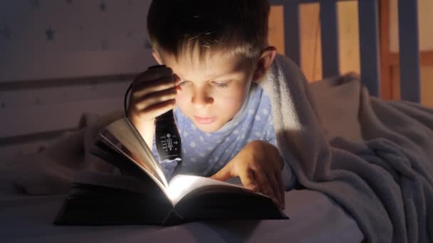 Petit Garçon Pyjama Étant Éveillé Nuit Lire Des Livres Avec — Video