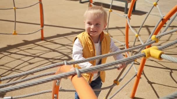 一个可爱快乐的小男孩在操场上爬上绳梯的画像 儿童在室外玩耍 儿童在室外玩耍 暑假和假期 — 图库视频影像