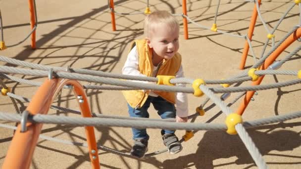 Słodki Chłopczyk Bawiący Się Placu Zabaw Wspinający Się Pajęczynie Liny — Wideo stockowe