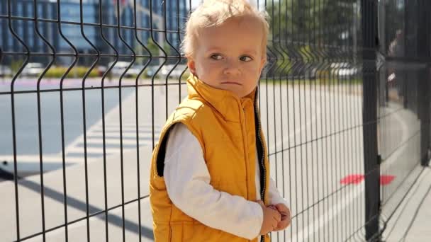 遊び場のフェンスに一人で立っている小さな赤ちゃんの少年を動揺させます 動揺する子供たち負の感情子供の問題 — ストック動画