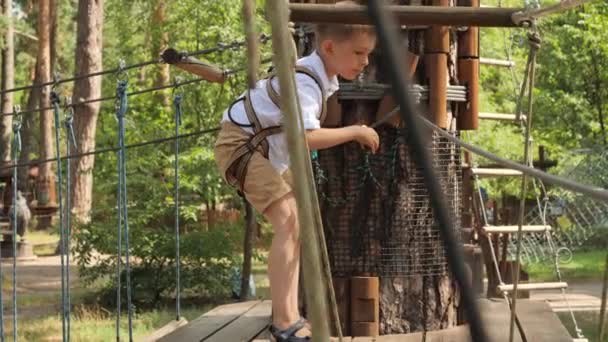 Rapaz Trepar Cordas Pontes Acampamento Escoteiros Verão Infância Ativa Estilo — Vídeo de Stock