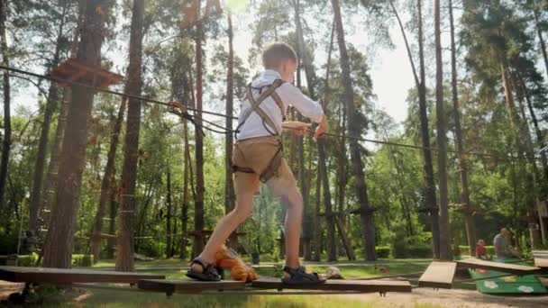 Little Boy Crossing Wooden Bridge Rope Adventure Park Forest Active — Stock Video