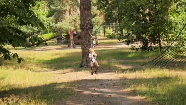 夏の公園のジップラインで楽しそうに乗っている幸せな笑顔の男の子 アクティブな子供時代 健康的なライフスタイル 屋外で遊んでいる子供 自然の中で子供 — ストック動画