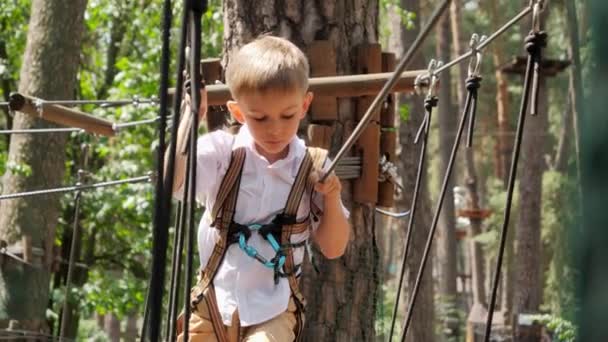 Portret Uroczego Chłopca Trzymającego Linę Bezpieczeństwa Świeżym Powietrzu Ekstremalny Park — Wideo stockowe