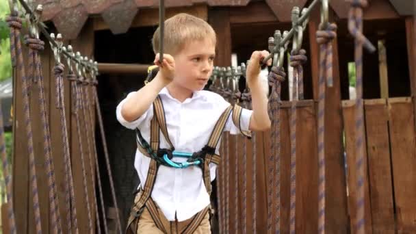 Portrait Brave Garçon Traversant Pont Fait Planches Cordes Dans Parc — Video