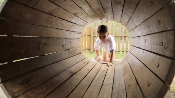 夏の極端な冒険公園で木製のチューブを這う幸せな笑顔の少年 屋外で遊んでいる子供たち 楽しい夏休みと休日を持っている子供たち — ストック動画