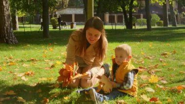 Genç anne, oğluyla parkta çimenlerde oturup düşen sonbahar yapraklarını topluyor. Aile açık havada, mutlu ebeveynlik ve çocukluk, sonbahar manzarası