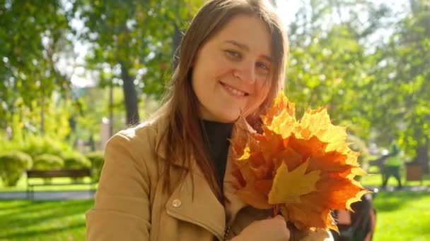 Potret Wanita Cantik Tersenyum Memegang Sekelompok Pohon Maple Kuning Musim — Stok Video