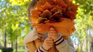 Sonbahar parkında sarı akçaağaç yapraklarıyla oynayan mutlu çocuk. Çocuk dışarıda, mutlu çocuklar ve çocukluk, sonbahar manzarası