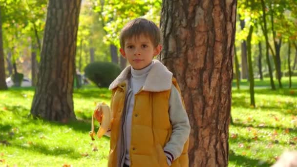 Retrato Niño Sonriente Caminando Con Plátano Parque Nutrición Infantil Alimentación — Vídeo de stock
