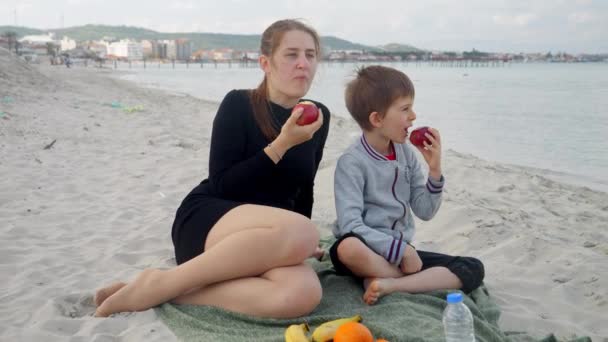 Dia Ensolarado Praia Uma Mulher Feliz Seu Filho Compartilham Piquenique — Vídeo de Stock