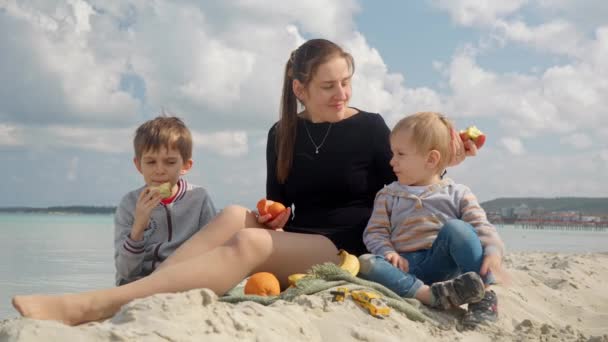 Una Mujer Feliz Disfruta Picnic Playa Con Sus Dos Hijos — Vídeo de stock