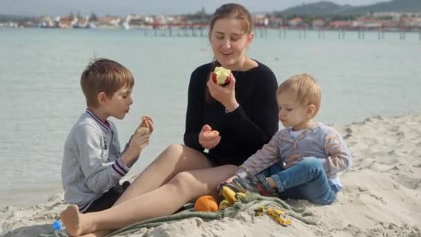 Mujer Sus Hijos Disfrutan Picnic Playa Del Mar Disfrutando Del — Vídeo de stock