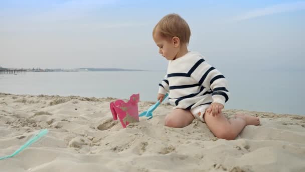 幼児の男の子は喜んでビーチで遊んで シャベルで砂を掘る 家族の休暇 週末の喜び そして自由 — ストック動画