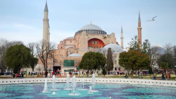 トルコのイスタンブール 2023年2月 アヤソフィアまたはハギア ソフィアモスクの広場での作業噴水のスローモーション — ストック動画