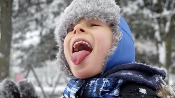 Медленное Движение Мальчика Высовывает Язык Поймать Снежинки Снежный День Концепция — стоковое видео