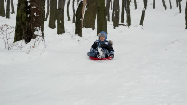Νεαρό Αγόρι Που Κοιμάται Χαρά Κάτω Από Ένα Χιονισμένο Λόφο — Αρχείο Βίντεο