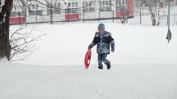 Szczęśliwy Chłopiec Swoimi Plastikowymi Saniami Korzystających Śniegu Zimowych Zajęć Idealny — Wideo stockowe