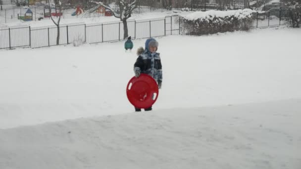 喜びの少年は雪の中で彼のそりと丘の上を歩く 彼の顔に表示される今後の乗車を期待 冬のスポーツやアウトドアプレイの興奮をキャプチャするための完璧なクリップ — ストック動画