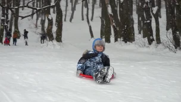 彼のプラスチック製のそりに雪の丘に乗って陽気な少年のスローモーション 彼の顔に広い笑顔で 冬の休日の喜びと楽しい子供たちは雪の中で外で遊んでいます — ストック動画