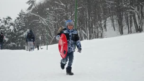 Slow Motion Joyful Boy Running Snowy Hill Sleds Hand Ready — Stock Video