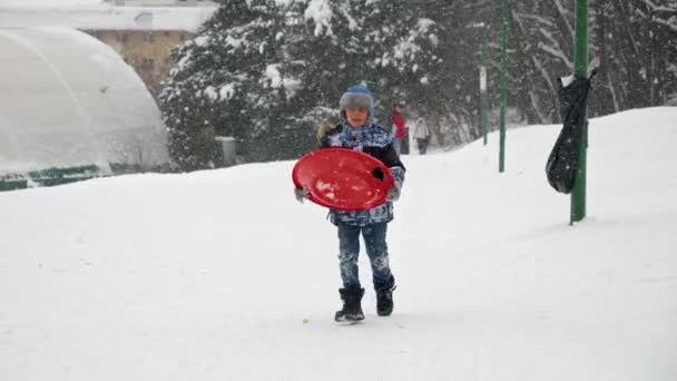 幸せな子供は雪の中を走り 手をつないでそり 丘の頂上に到達して爽快なライドをしたいと思っています — ストック動画
