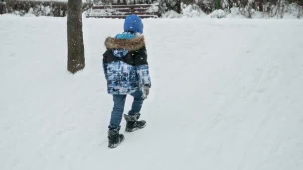 小さな男の子が公園の雪の丘を登っている 冬休みの概念 屋外で遊ぶ子供たち — ストック動画