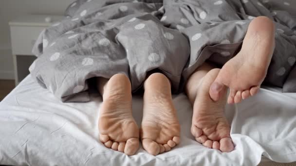 毛布の下から見えるカップルの足のスローモーション映像は 彼らが苦労し ベッドでリラックスしています 家庭での愛 親密さ リラクゼーションの概念 — ストック動画
