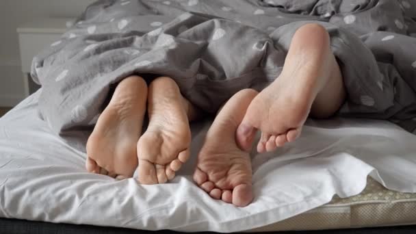 Närbild Man Och Kvinna Fötter Liggande Bekväm Säng Njuta Lat — Stockvideo