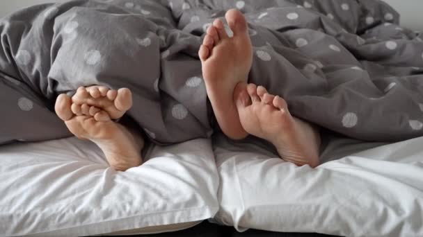 Närbild Man Och Kvinna Fötter Liggande Mjuk Säng Och Försiktigt — Stockvideo