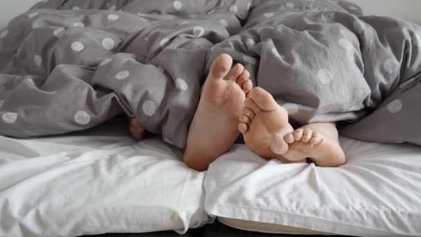Intim Bild Ett Par Fötter Som Gömmer Sig Täcket Säng — Stockvideo