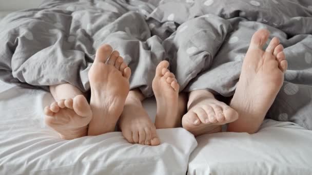父母和孩子的脚步声慢悠悠地轻拍着毯子 在舒适的床上摇晃着 家庭之爱 亲密和在家中分享的欢乐时光的概念 — 图库视频影像