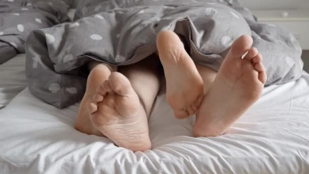 柔らかいベッドの上で居心地の良い毛布の下でお互いの親密さを探索し カップルの足 家族愛の概念との関係における親密さの重要性を描写するのに理想的です — ストック動画