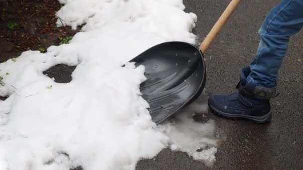 Slow Motion Little Boy Shown Clearing Backyard Walkway Snow Shovel — Stock Video