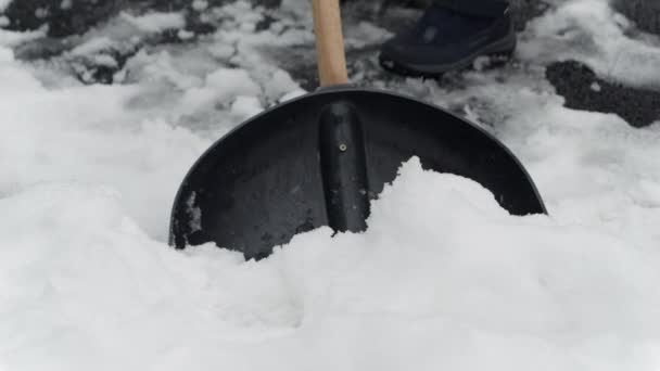 Мальчик Берет Себя Ответственность Уборку Снега После Снежной Бури Метели — стоковое видео