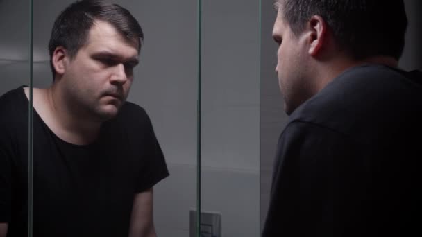 Young Man Looking Mirror Pretending Shoot Himself Finger Gun Concept — Stock Video