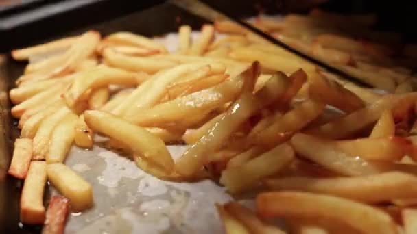 Macro Assar Batatas Fritas Francesas Panela Forno Fast Food Nutrição — Vídeo de Stock