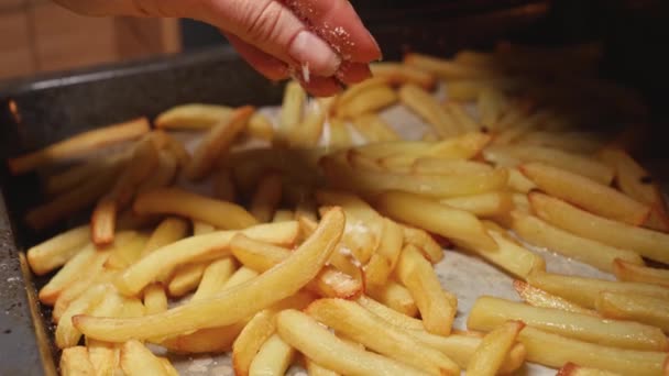 Großaufnahme Einer Weiblichen Hand Die Auf Der Backform Pommes Frites — Stockvideo