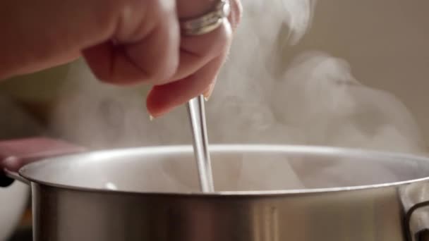 여자가 수프를 만들어서 숟가락으로 저으는 건강에 집에서 요리하기 뜨거운 — 비디오