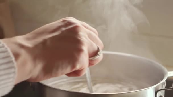 여자가 남비에 재료를 끓이는 건강에 집에서 요리하기 뜨거운 — 비디오