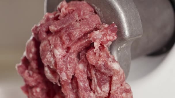 Closeup Vers Rood Gehakt Vlees Dat Uit Huishoudelijke Molen Komt — Stockvideo