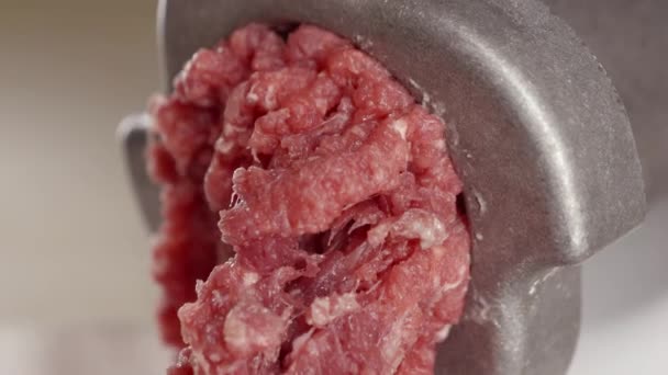 Macro Shot Minced Meat Coming Out Electric Grinder Cooking Home — Stock Video