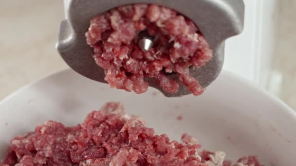 Closeup Red Minced Beef Meat Coming Out Electric Grinder Falling — Stock Video