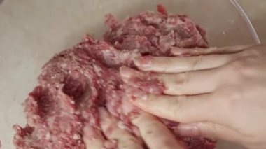 Kadın eli, kasedeki kıyma köftelerinden hamburger köfteleri hazırlıyor. Evde yemek pişirme, mutfak aletleri, sağlıklı beslenme, hamburger malzemeleri.