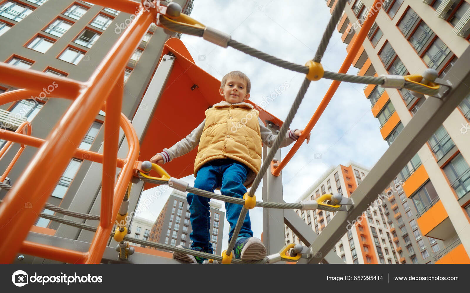View Ground Little Boy Walking Rope Bridge Nets Playground Active — Stock  Photo © Kryzhov #657295414