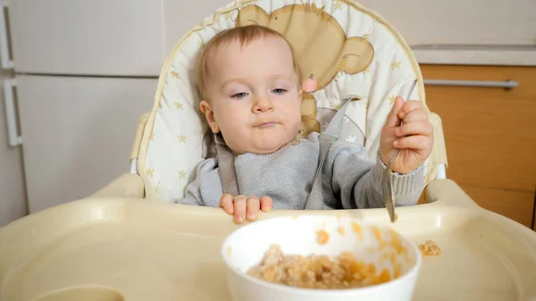 Portrait Little Baby Boy Making Mess While Eating Porridge Himself — Foto Stock