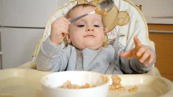 Cute Baby Boy Sitting Highchair Playing Food Making Mess Concept — Foto Stock