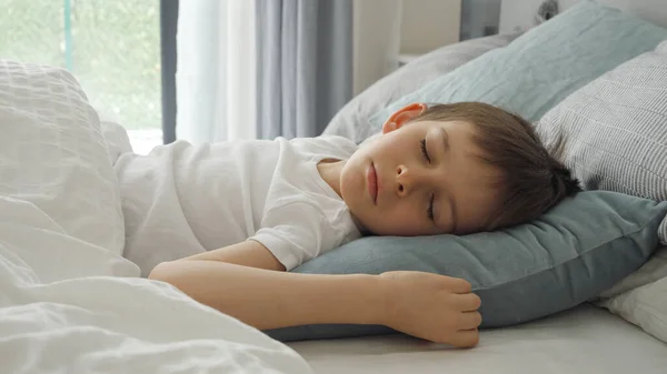 Closeup Little Boy Sleeping Bed Next Window Morning Kids Resting — Stock Photo, Image